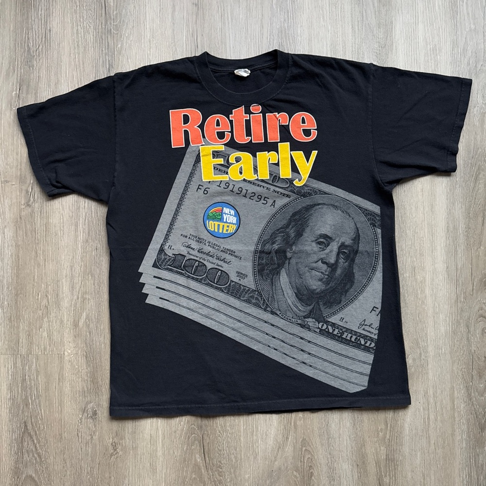 Vintage Y2K New York Lottery Retire Early Promo Dollar Money AOP Black XL Shirt